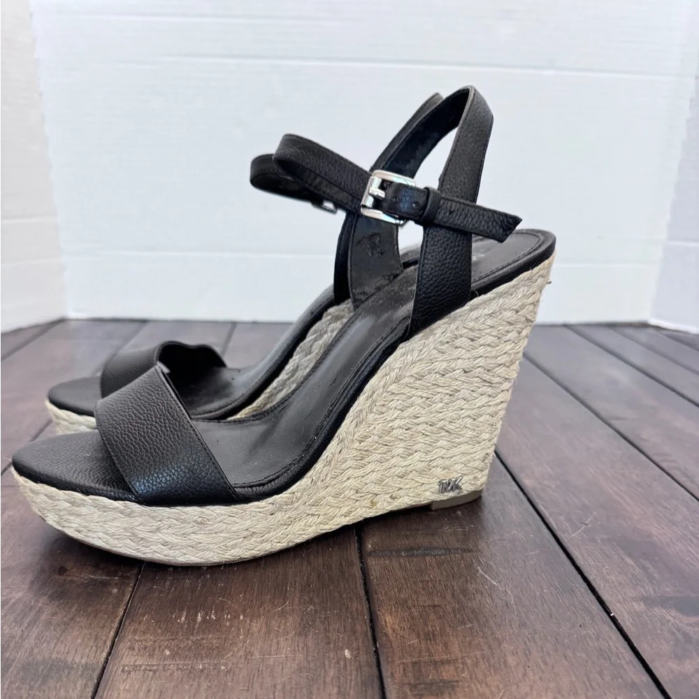 Michael Kors Womens Jill Black Leather Wedge Espadrille Sandals Shoes Size 8.5 M
